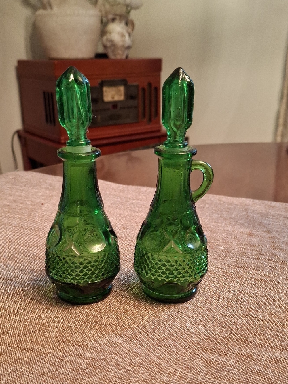 Green Vintage Glass Cruet Set - Pair